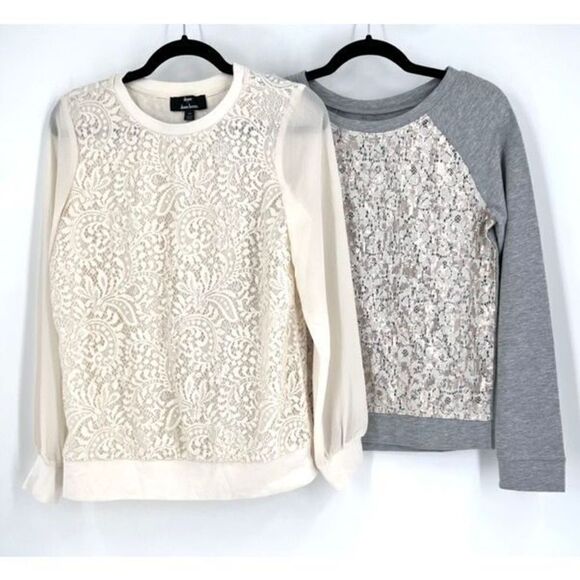Loft Sequin & Dennis Basso Lace overlay sweatshirt Top XS Sweaters Pullover Gray - Picture 1 of 16